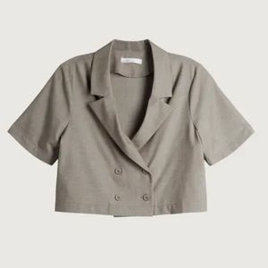 Oak + Fort Olive Green Double Breasted Cropped Linen-Cotton Top / Jacket